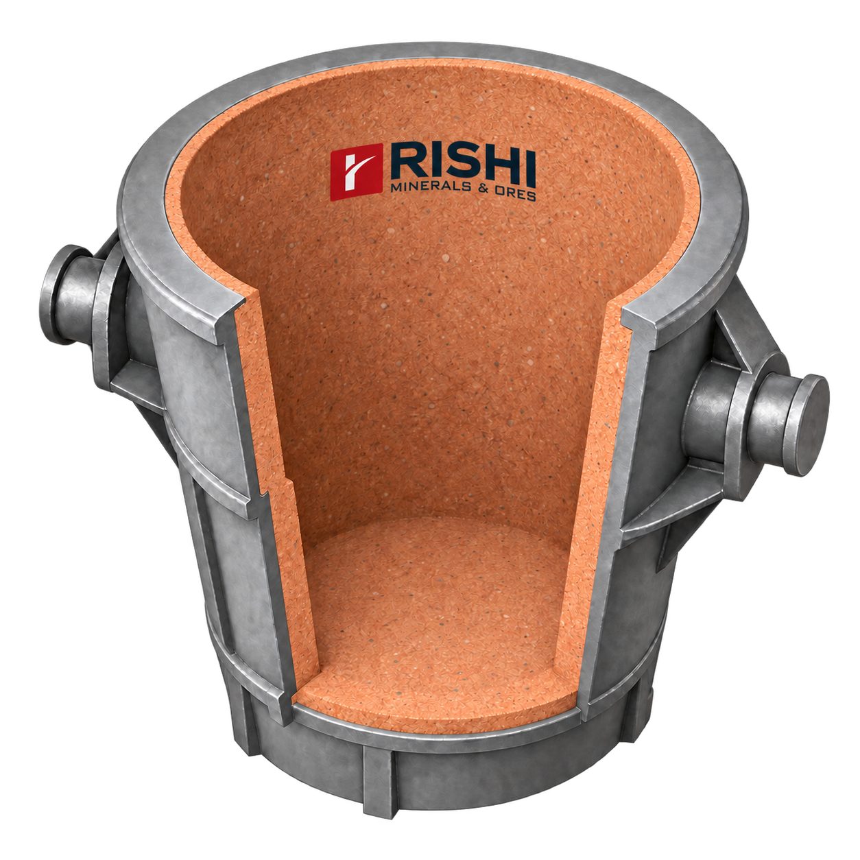 Steelmaking ladle cutaway with a grey steel shell, continuous coarse granular refractory lining and the Rishi Minerals & Ores logo on its inner wall